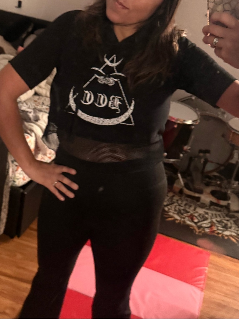 Black Craft Cult Goth Alt Short-Sleeve gym crop sweater with mesh trim